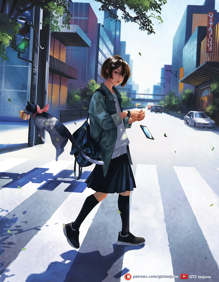 Anime Cat Girl Art, taejune kim, urban, building, socks Free HD Wallpaper