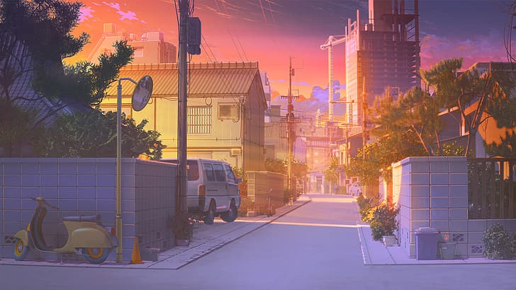 Anime City Pop, scooters, background art, building, rocknroll Free HD Wallpaper