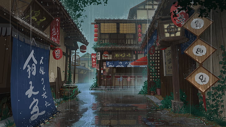 Anime Master Bedroom, street, house, rain, original Free HD Wallpaper