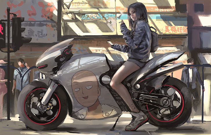 Anime Motorcycle Art, women with bikes, thighs, street, motorcycle Free HD Wallpaper