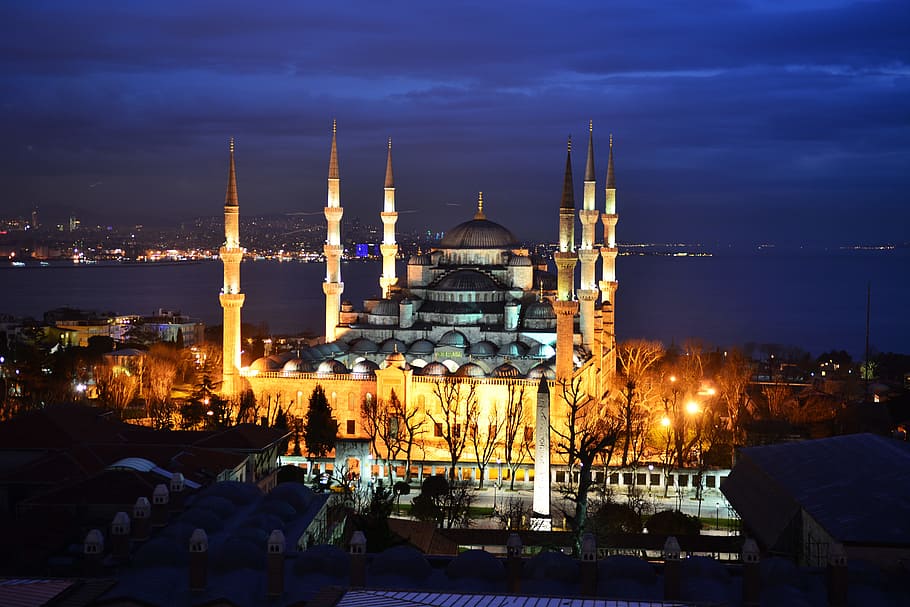 Blue Mosque Night View, night, sky, dome, turkish Free HD Wallpaper