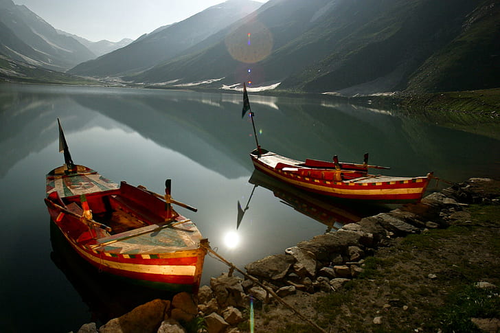 boats, 3d and abstract, in lake saifulmuluk, pakistan Free HD Wallpaper