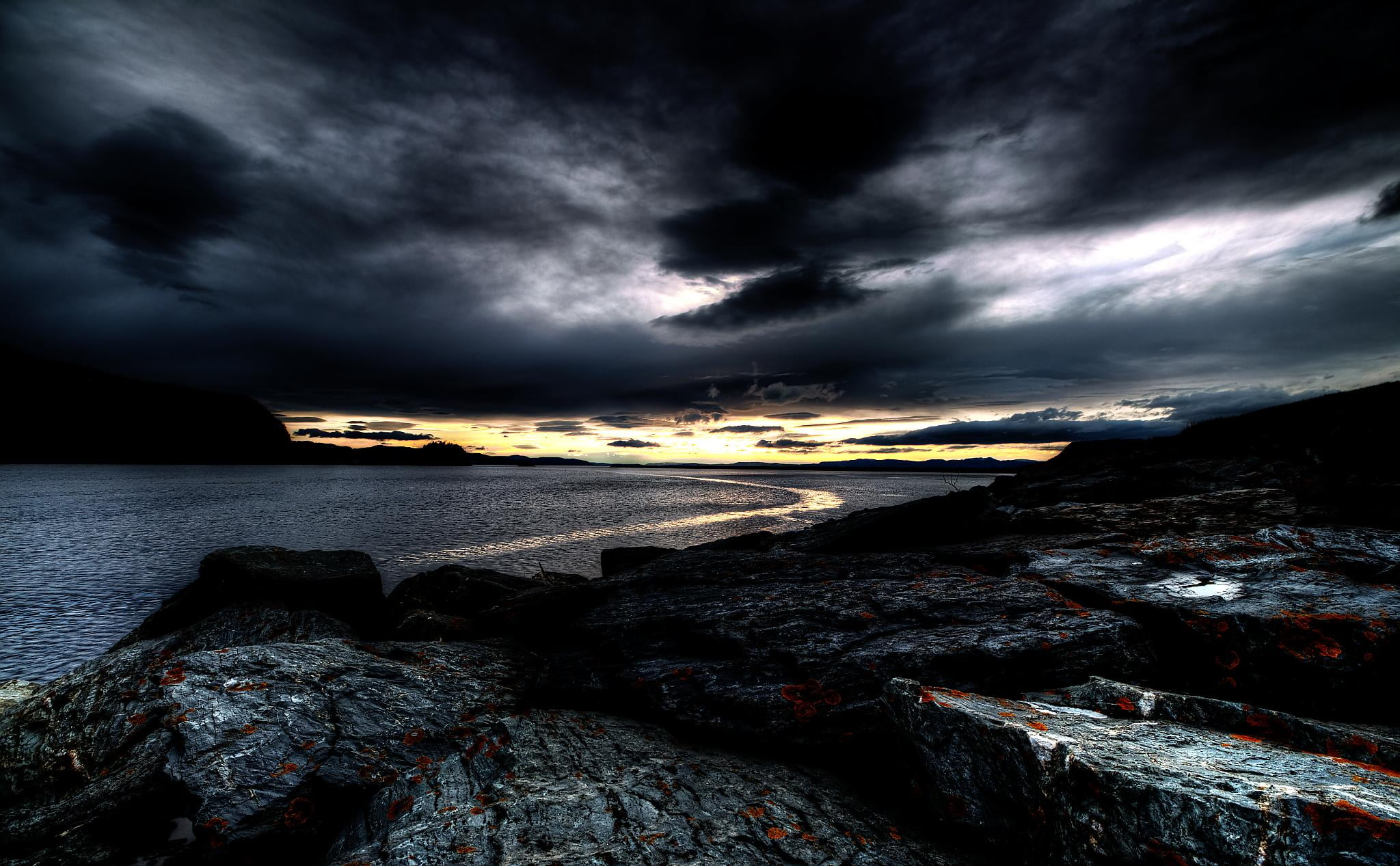 Calming Dark, sky landscape, stones, fjord, norge