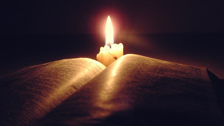 Candle and Bible, heat  temperature, burning, closeup, night Free HD Wallpaper