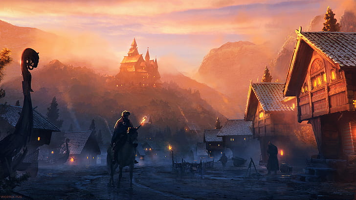 Castle HD, castle, mountains, sunset, fantasy art