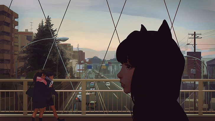 Cute Anime Cat Girl with Hoodie, standing, silhouette, anime girls, cityscape