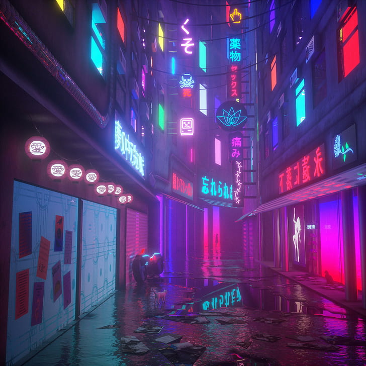 Cyberpunk New York, cat, neon, vaporwave, reflection Free HD Wallpaper