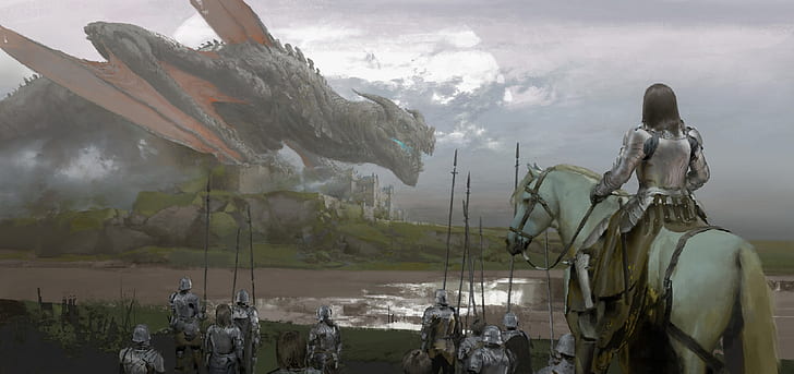 Dragon Art Work, castle, warrior, painting, digital art Free HD Wallpaper