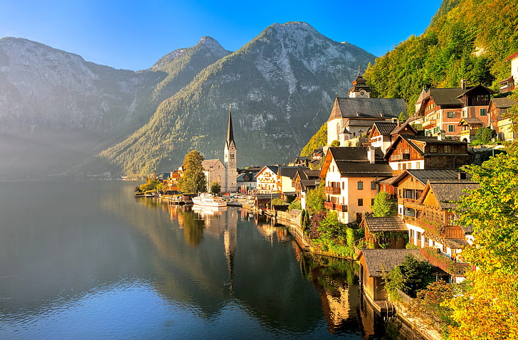 Hallstatt, blue, travel, lake, famous place Free HD Wallpaper