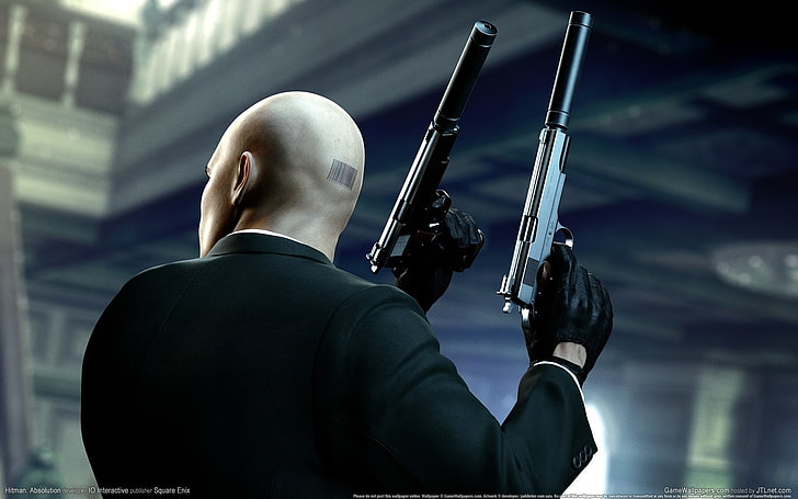 Hitman Characters, security guard, shaved head, holding, war Free HD Wallpaper