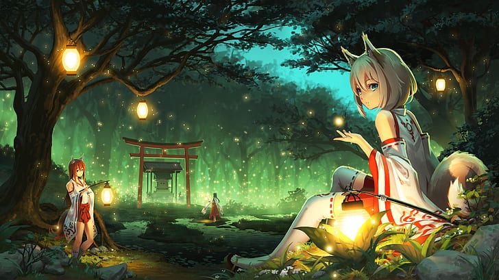 Inari Konkon Koi Iroha, kimono, forest, anime girls, fireflies Free HD Wallpaper