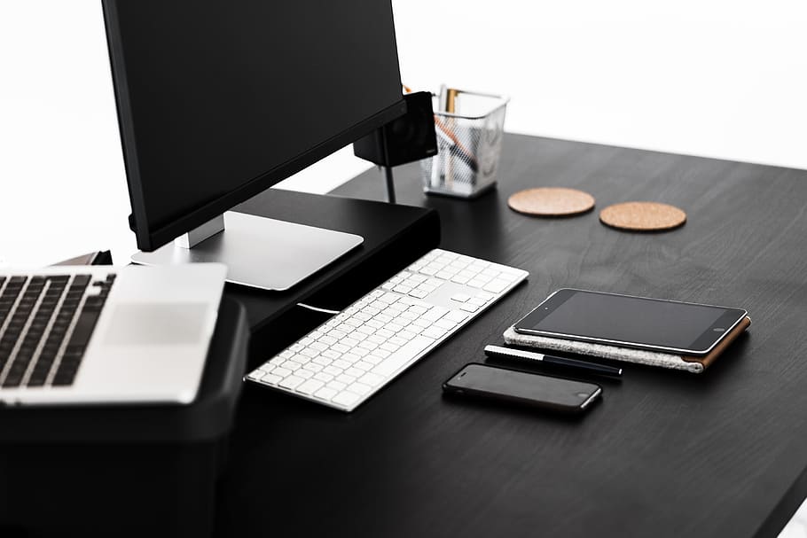 L shaped Computer Desk, refreshment, workspace, minimalism, minimalistic Free HD Wallpaper