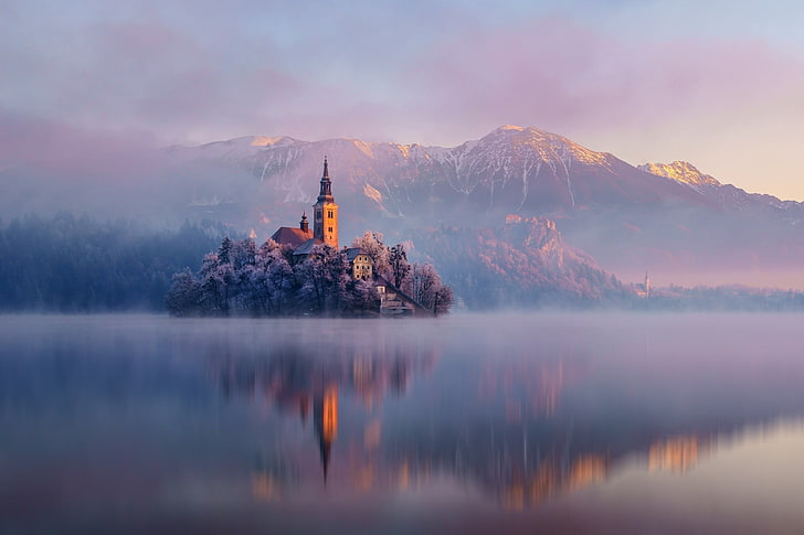 Lake Bled Christmas, winter, lake, church, tourism Free HD Wallpaper