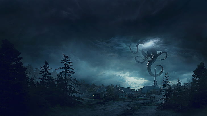 Lovecraft Dagon Art, guillem h pongiluppi, house, church, illustration