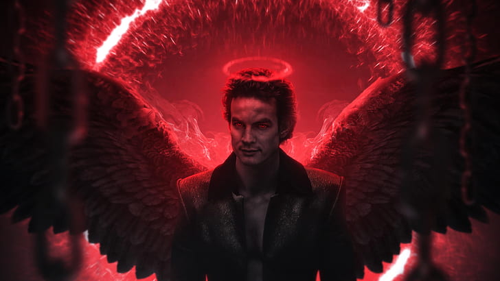 Lucifer Netflix, red eyes, lucifer, red background, fallen angel Free HD Wallpaper