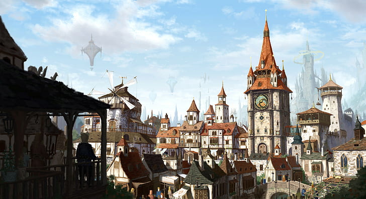 Medieval City Artwork, castle, windmill, city, church