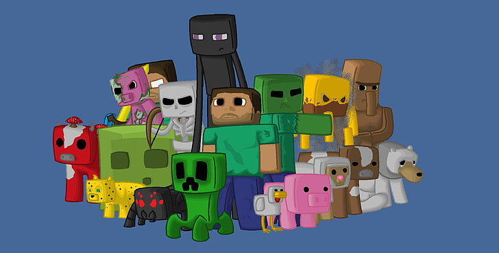 Minecraft Girl Characters, variation, technology, blue background, large group of objects Free HD Wallpaper