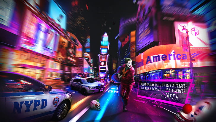 Neon Batman, vehicle, joker 2019 movie, police, street Free HD Wallpaper