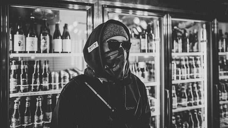 Old School Gangsta Rap, sunglasses, beer, gangster, monochrome