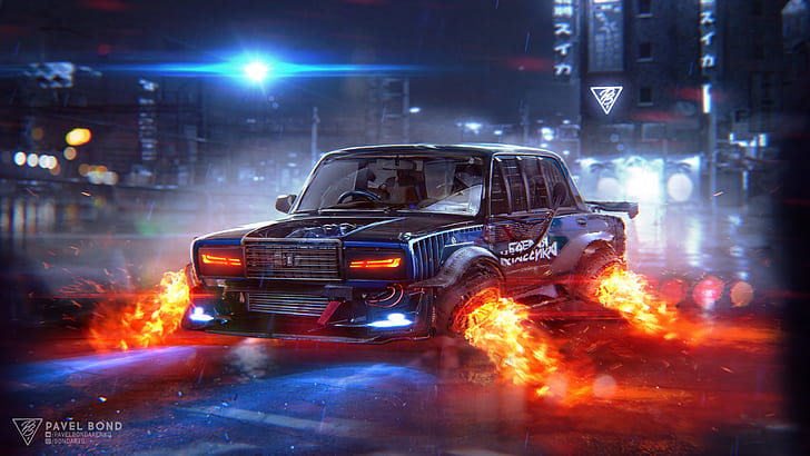 Retro Cyberpunk Art, vehicle, fire, science fiction, city Free HD Wallpaper