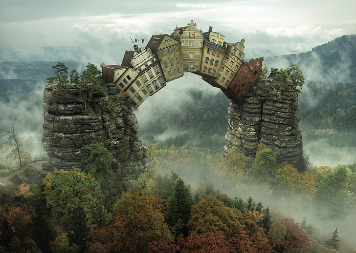 Strange Surreal Art, ancient, skyscraper, clouds, rock Free HD Wallpaper