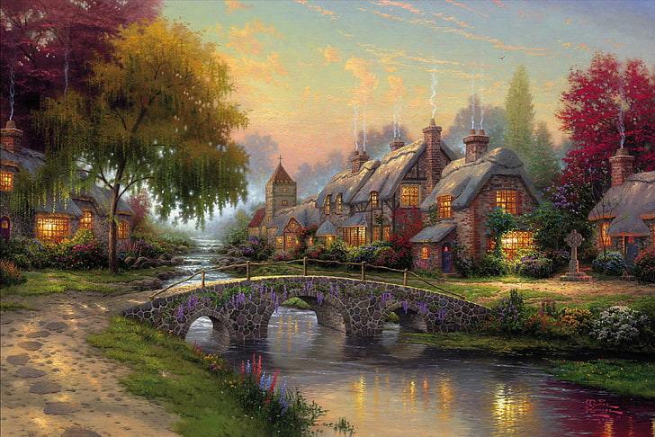 Thomas Kinkade Christmas Moonlight, night, water, tourism, nature Free HD Wallpaper