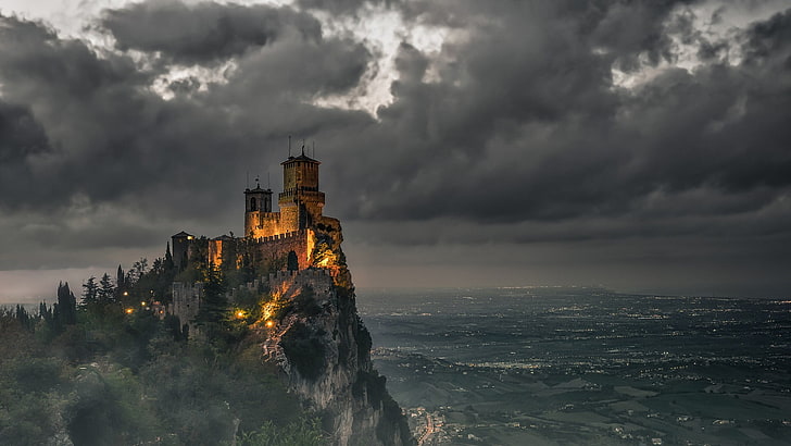 Three Towers of San Marino, travel destinations, old, cityscape, cloudscape Free HD Wallpaper