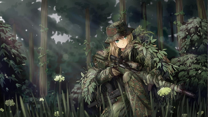 Anime Military Sniper Girl, tree, art and craft, portrait, selective focus