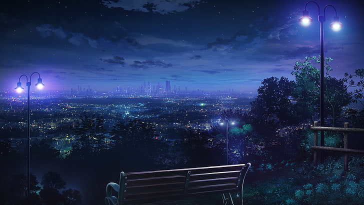 Anime Rooftop at Night, no people, built structure, illuminated, street light Free HD Wallpaper