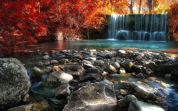 Beautiful Autumn Forest Waterfall, rock  object, pebble, flowing water, pond Free HD Wallpaper