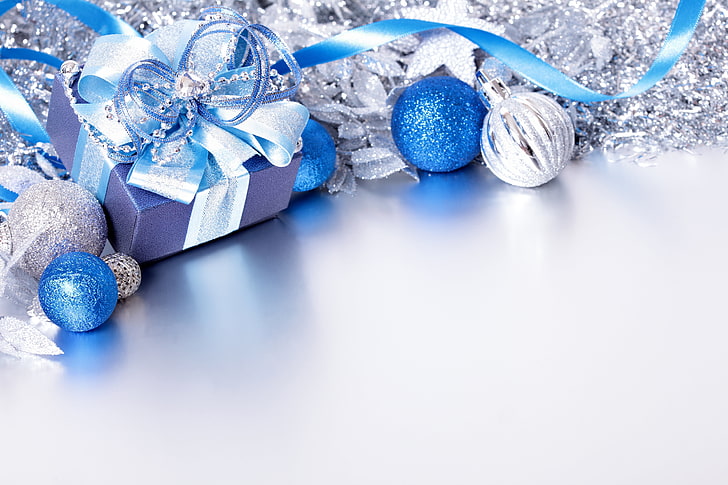 Blue Christmas Decorations Ideas, no people, gift box, sphere, christmas ornament Free HD Wallpaper