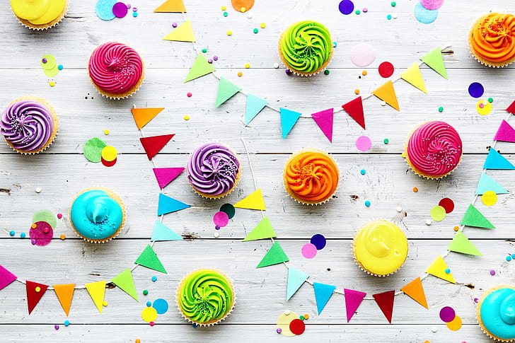 Colored Cupcakes, birthday, happy birthday, candle, celebration