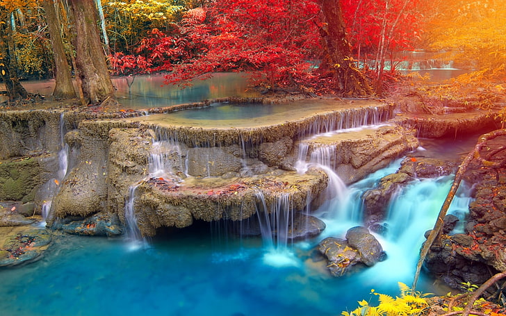 Colorful Nature Trees Waterfall, day, scenics  nature, purity, season