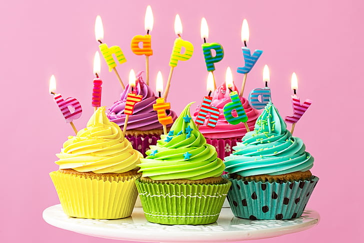 Cute Happy Birthday Cake, candle, cupcakes, celebration, decoration Free HD Wallpaper