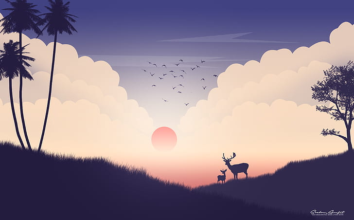 Digital Art Landscape Painting, silhouette, sun rays, vector graphics, deer