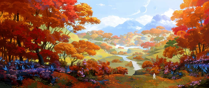 Environment Paint, water, forest, seasons, clouds Free HD Wallpaper