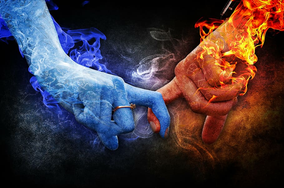 Fire and Water Love, love symbol, feelings, shirtless, pair Free HD Wallpaper