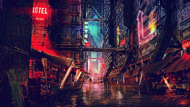 Futuristic Alien City Concept Art, science fiction, city lights, cyberpunk, night