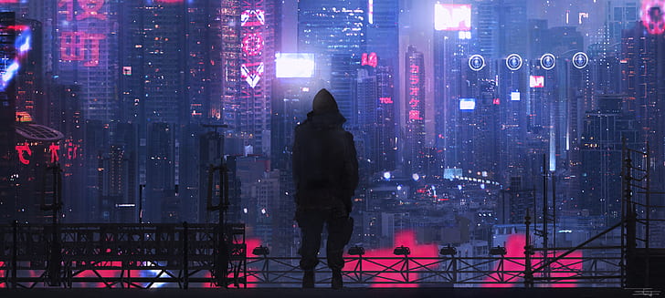 Futuristic Anime Girl, lights, futuristic city, synthwave, science fiction Free HD Wallpaper