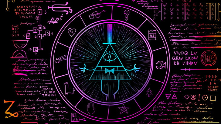 Gravity Falls Bill Cipher Eye, gravity falls, neon, dark