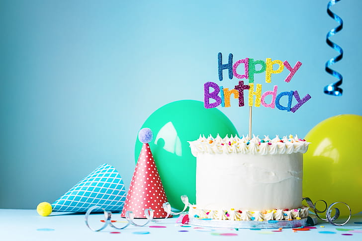 Happy Birthday Candy Cake, anniversary, blue background, decoration, sweet food Free HD Wallpaper