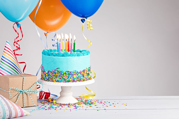 Happy Birthday Girl Cake and Balloons, anniversary, decoration, burning, holiday Free HD Wallpaper