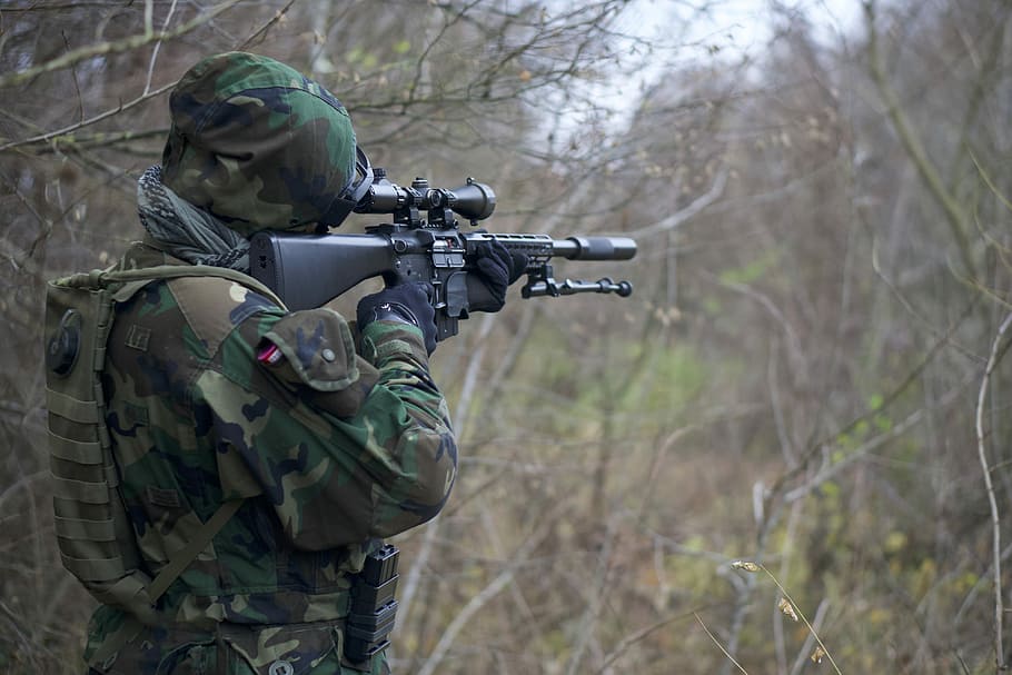 Laser Tag, camouflage clothing, tree, nature, army soldier