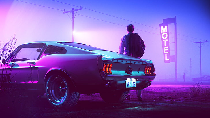 Neon Pink Mustang, one person, retro styled, sky, wheel Free HD Wallpaper
