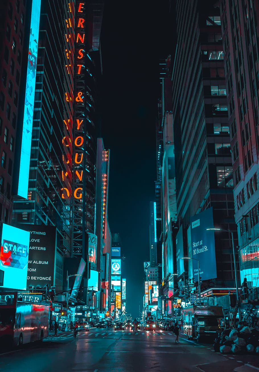 New York City Traffic Lights, cyberpunkvibe, japan, office building, illuminated