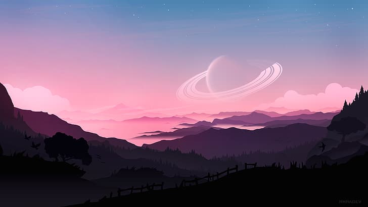 Pretty Sunset Moon, sky, saturn, skyscape, vector Free HD Wallpaper