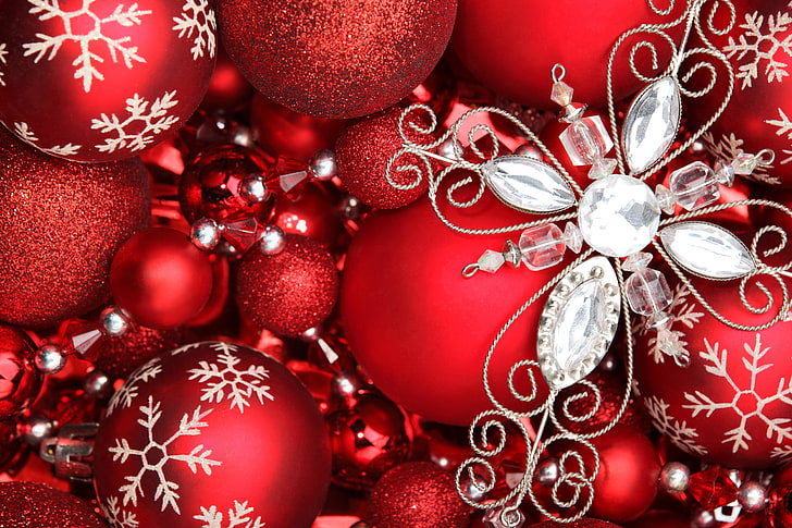 Red Christmas Ornaments, closeup, shiny, bright, holidays and celebrations Free HD Wallpaper