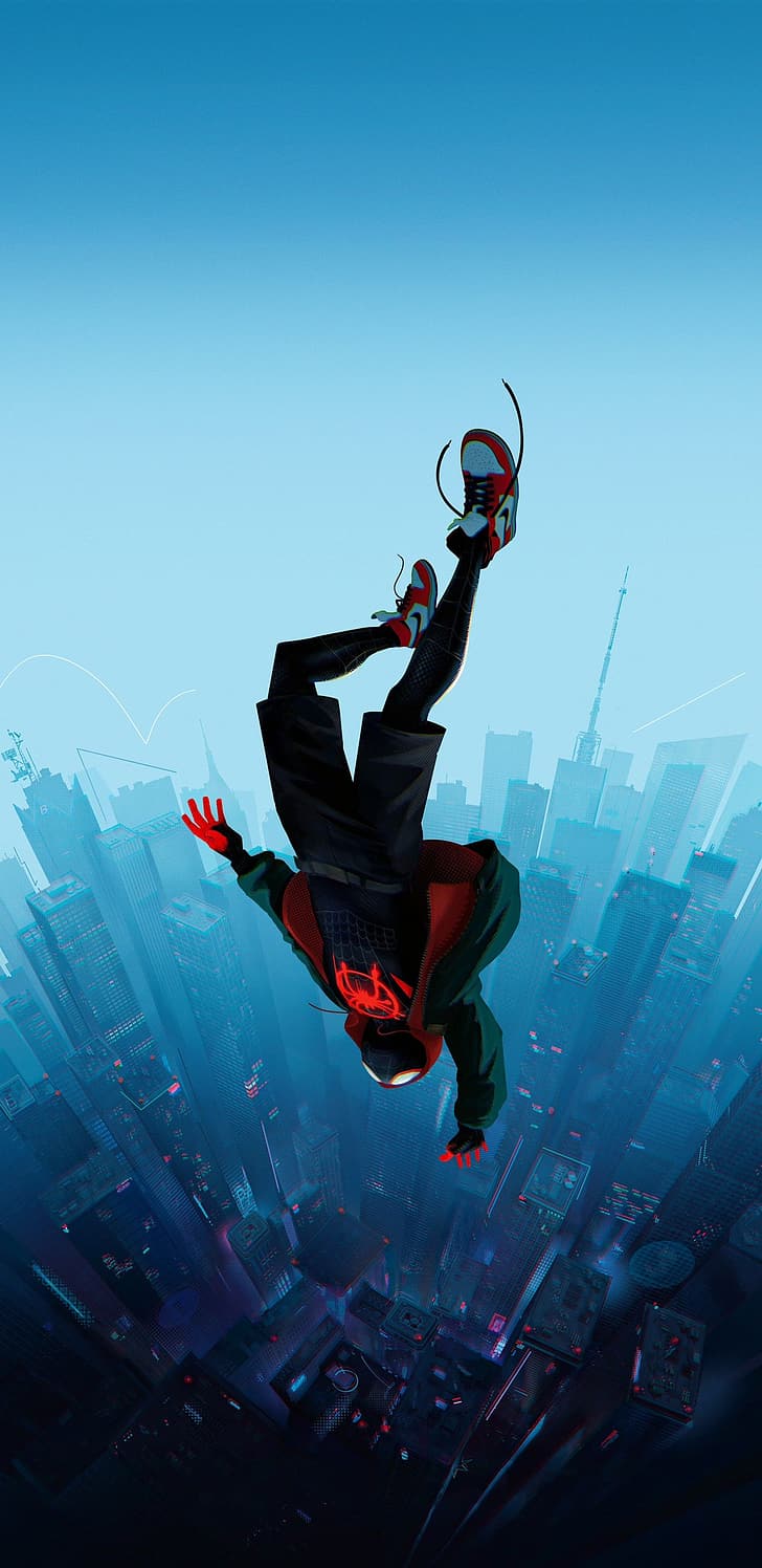 Spider-Man Miles Morales Profile, spiderman, spiderman into the spiderverse, vertical, falling Free HD Wallpaper