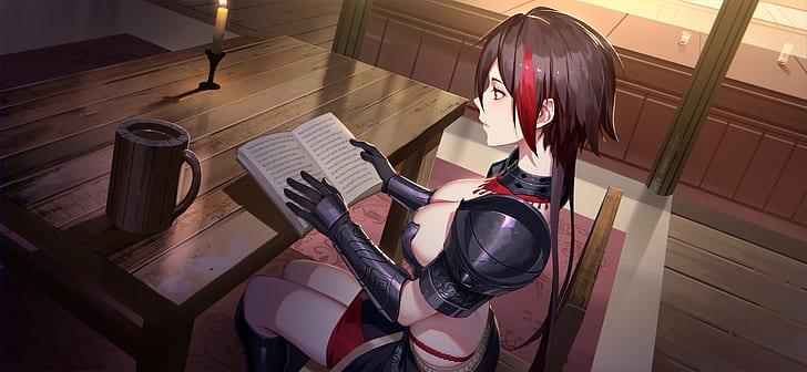 Anime Guy Reading, books, reading, candles, armor Free HD Wallpaper