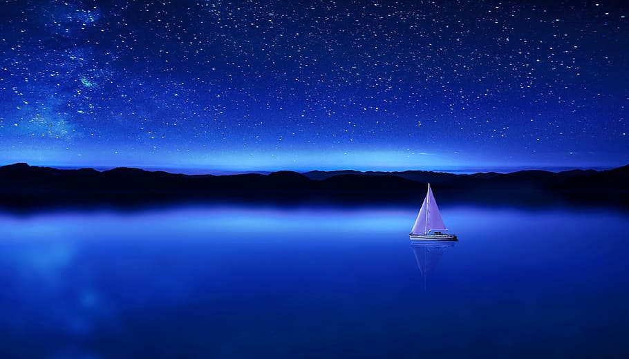 astronomy, waters, digital art, sail ship Free HD Wallpaper